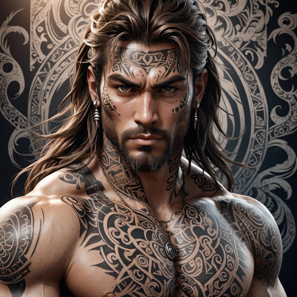Hyper-Realistic 3D Anime Man with Tattoos