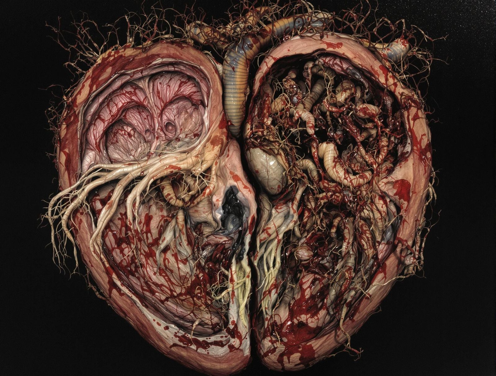 Disturbing Hyperrealistic Heart with Grotesque Creatures