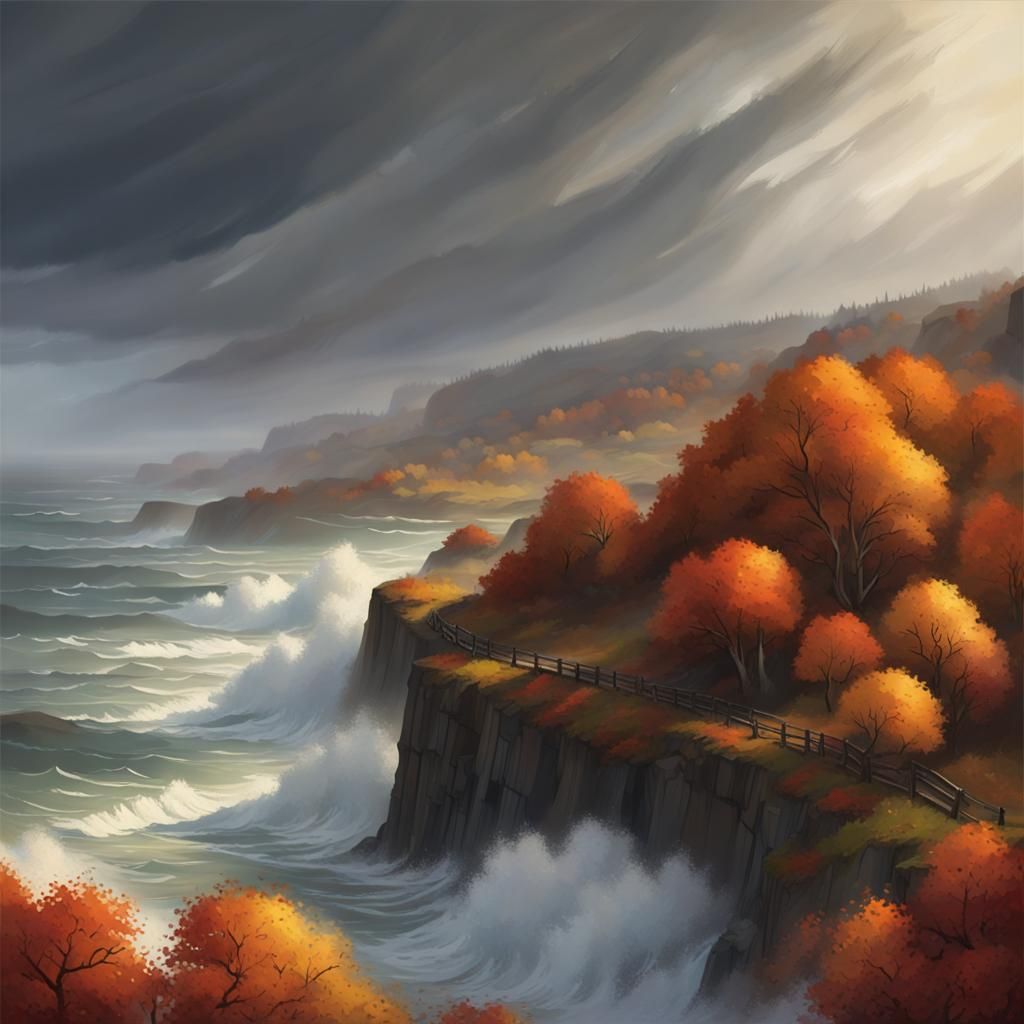 Coastal Autumn Storm with Swirling Leaves