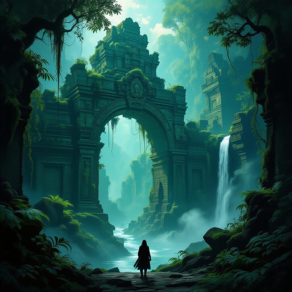Explorer Discovers Hidden Jungle City in Fantasy Concept Art