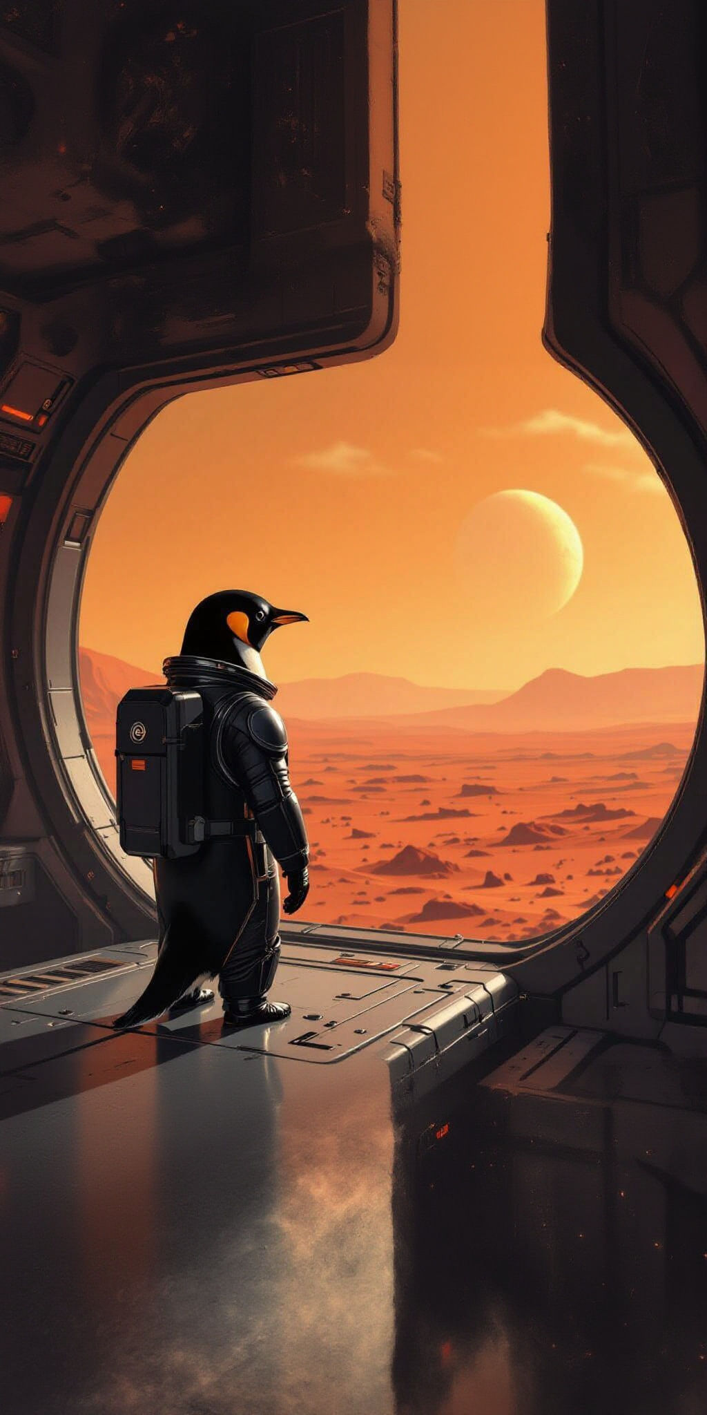 Penguin Astronaut Observes Mars in Sci-Fi Style