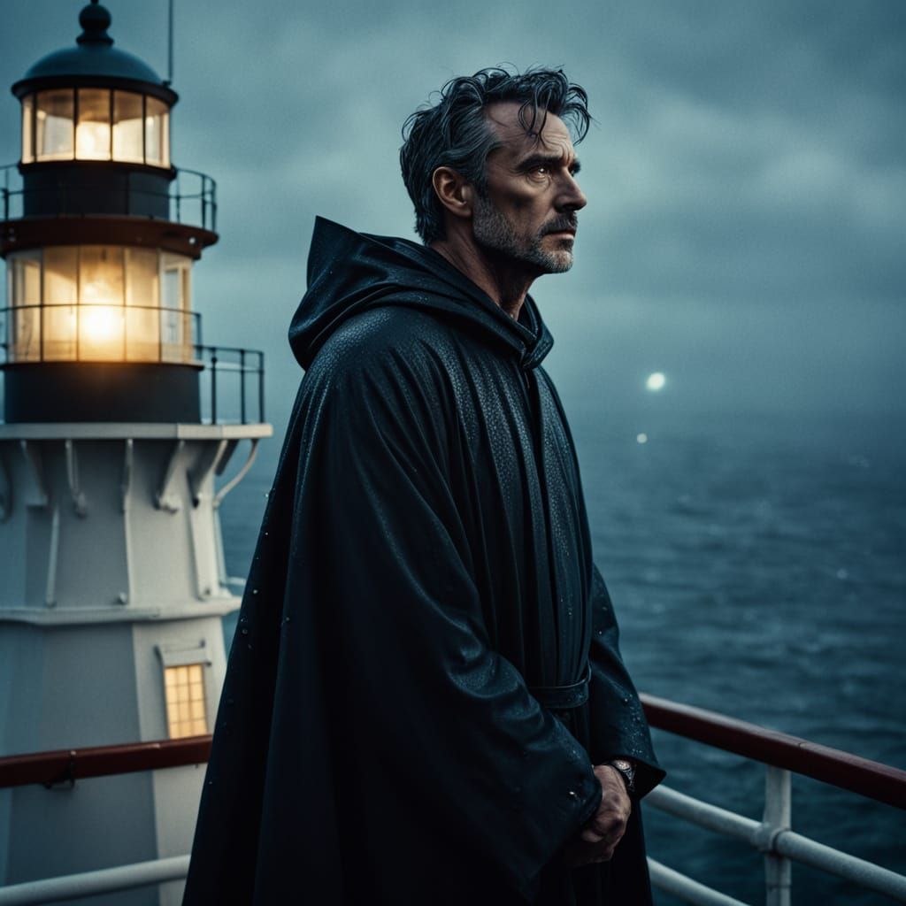 Man on Lighthouse in Film Noir Style