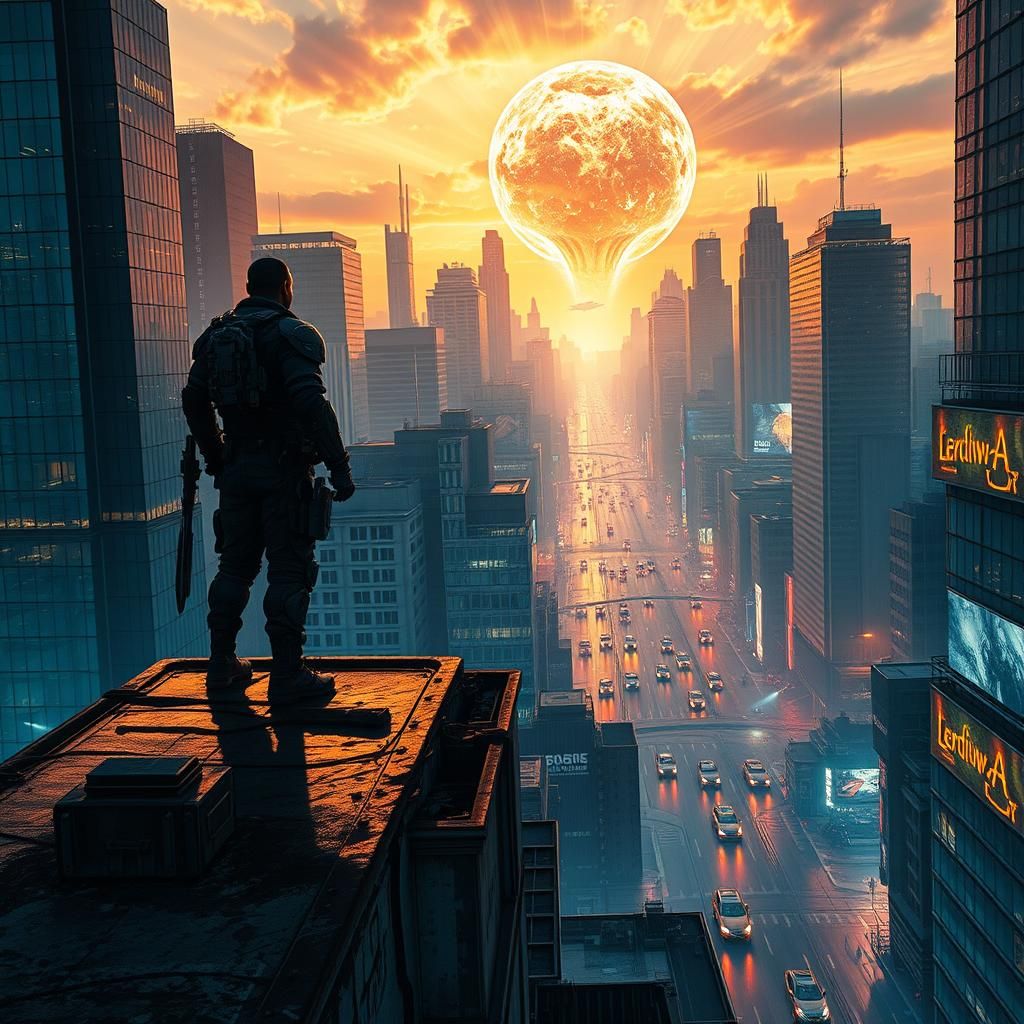 Futuristic Cityscape Sunset with Armored Hero