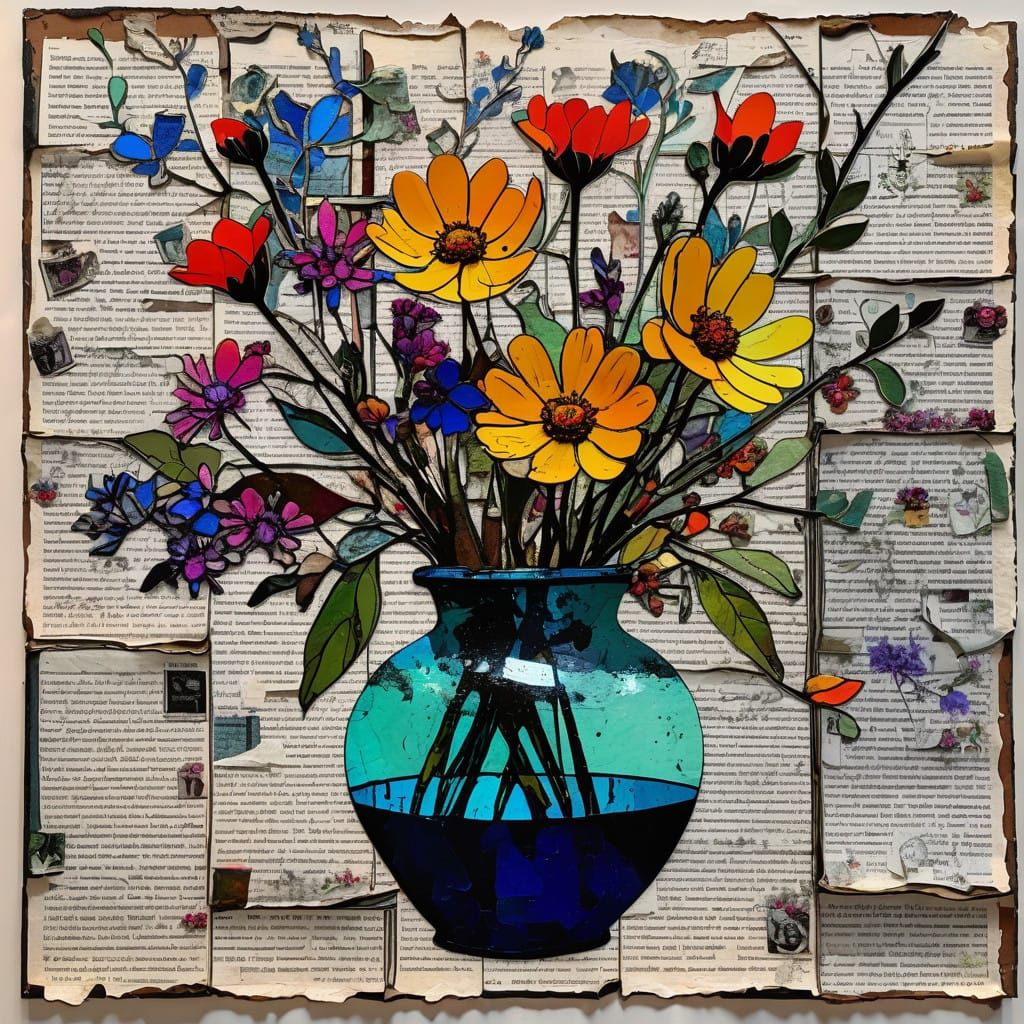 Whimsical 8K Collage of Vibrant Flowers in Vase