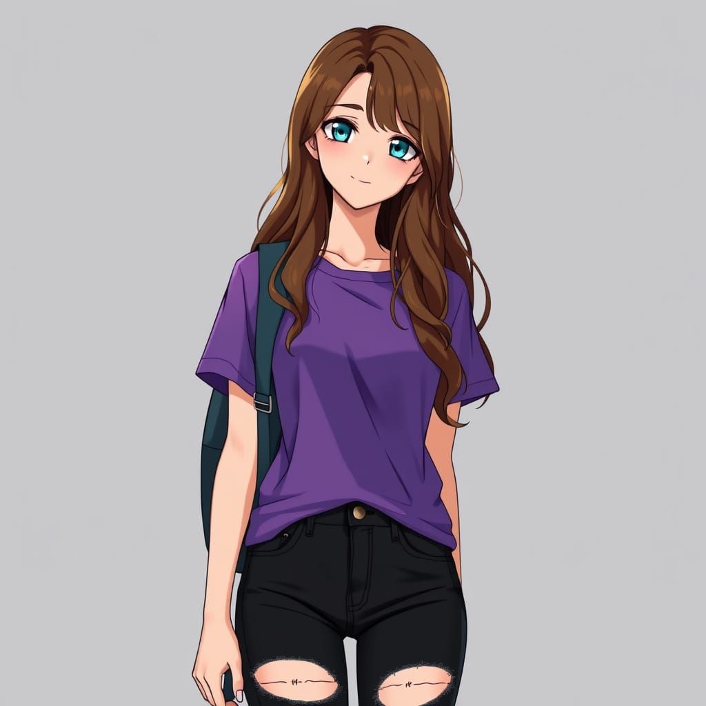 anime style woman has long wavy brown hair blue eyes a calm face a purple t-shirt and black ripped jeans and is standing...