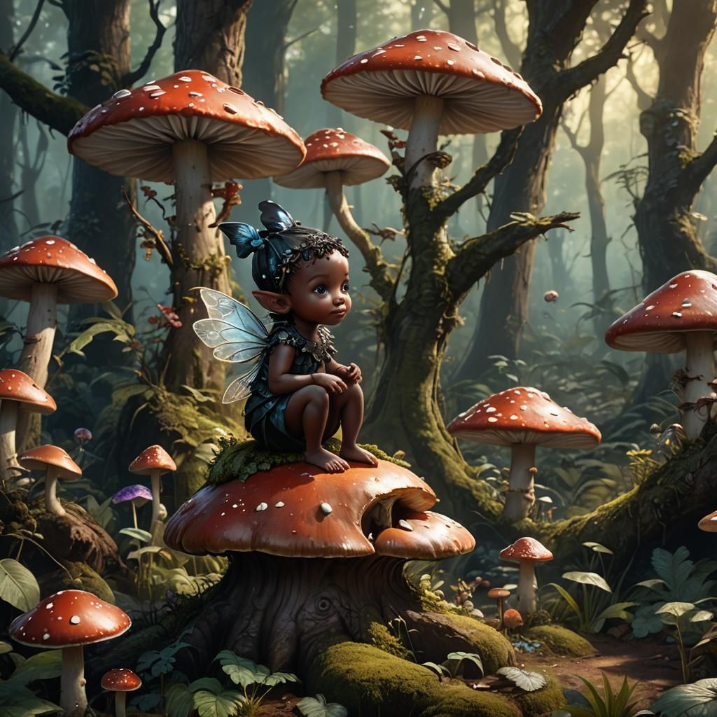 Whimsical Baby Fairy on Toadstool, Detailed Matte Painting