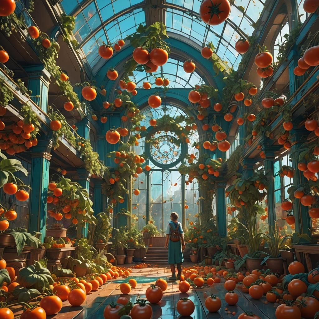 Tomatoes in Greenhouse: Hyperdetailed Splash Art