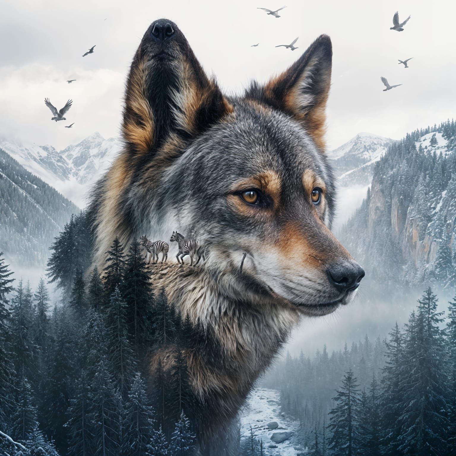 Double Exposure Dog Merged With Forest and Mountains