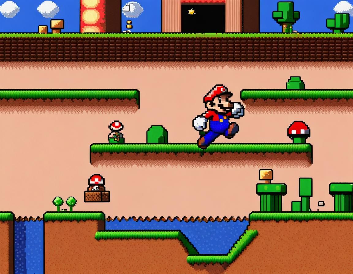 Heavily Pixelated Mario Gameplay: Retro Gaming Art