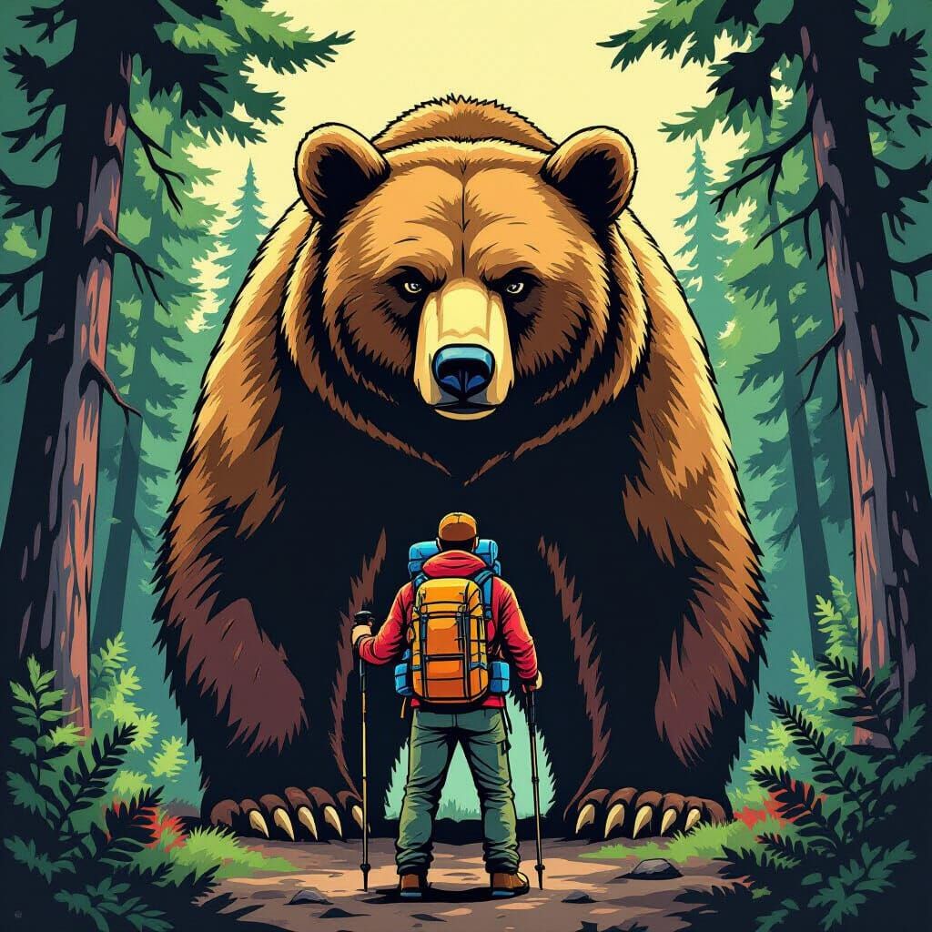 Man Confronts Bear in Forest Comic Art