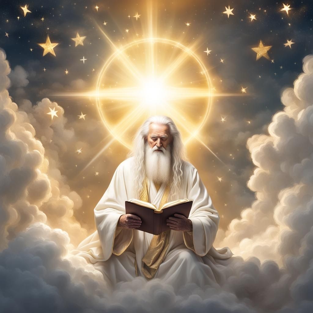 God Writing in Journal on a Cloud