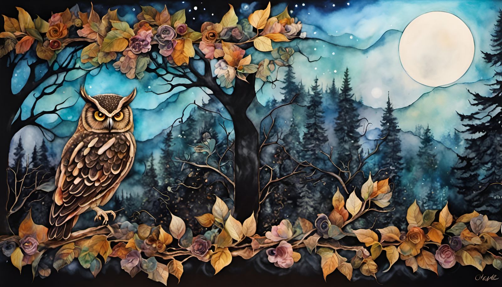 Owl Hunting Mice in Moonlight, Alcohol Ink Art