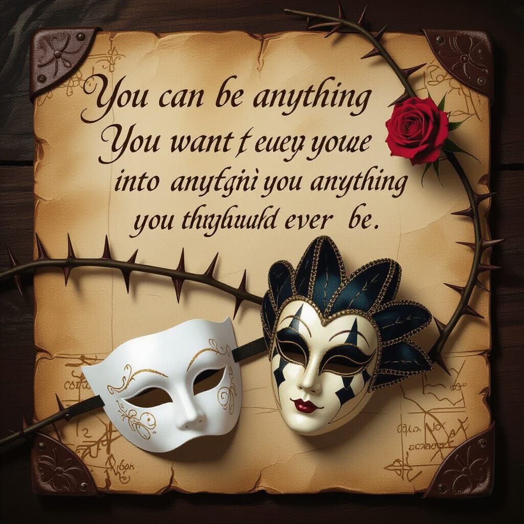 Elegant Calligraphy Map with Masks and Rose