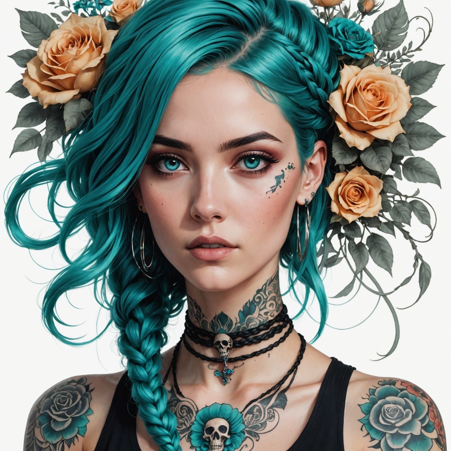 Edgy, Anime-Inspired Portrait of a Young Woman with Teal Hai...