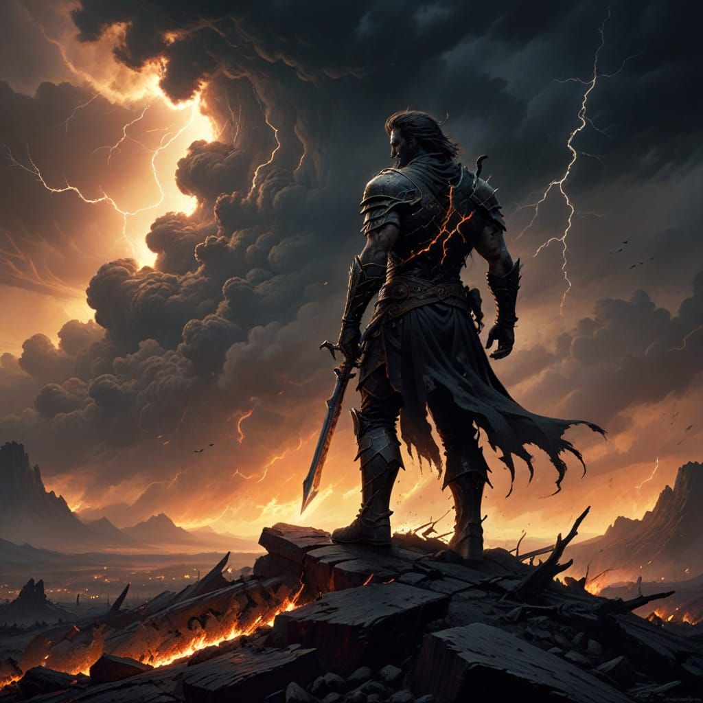 Warrior Against Inferno on Ash Battlefield