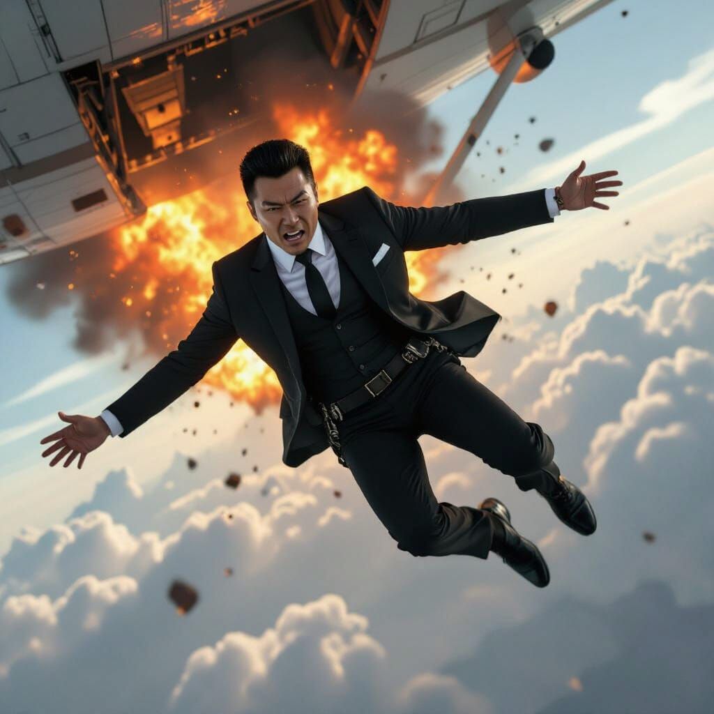 Action Skydiving Scene in Fiery Plane Explosion