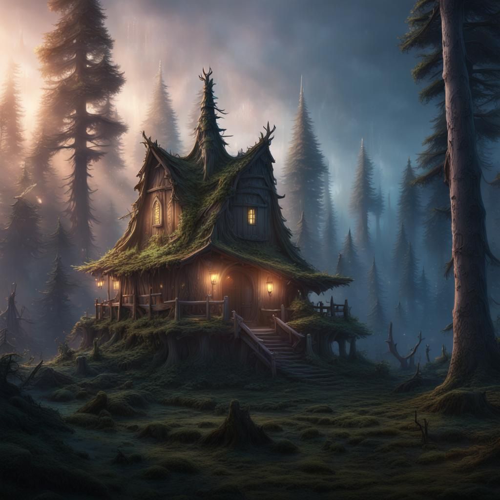 Elven Colony in Pine Forest at Twilight