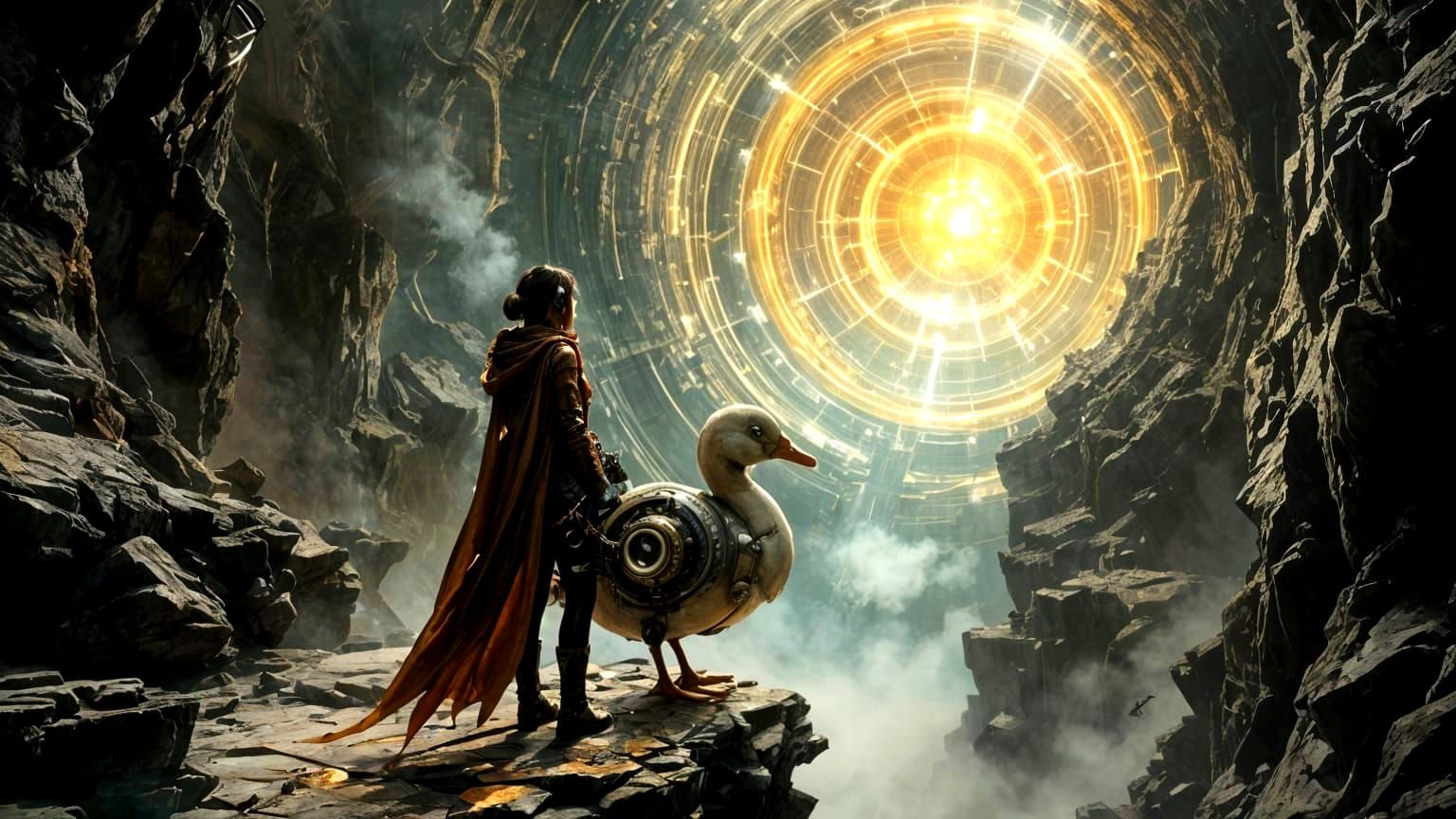 Steampunk Girl at Edge of Theo-Mechanical Vault