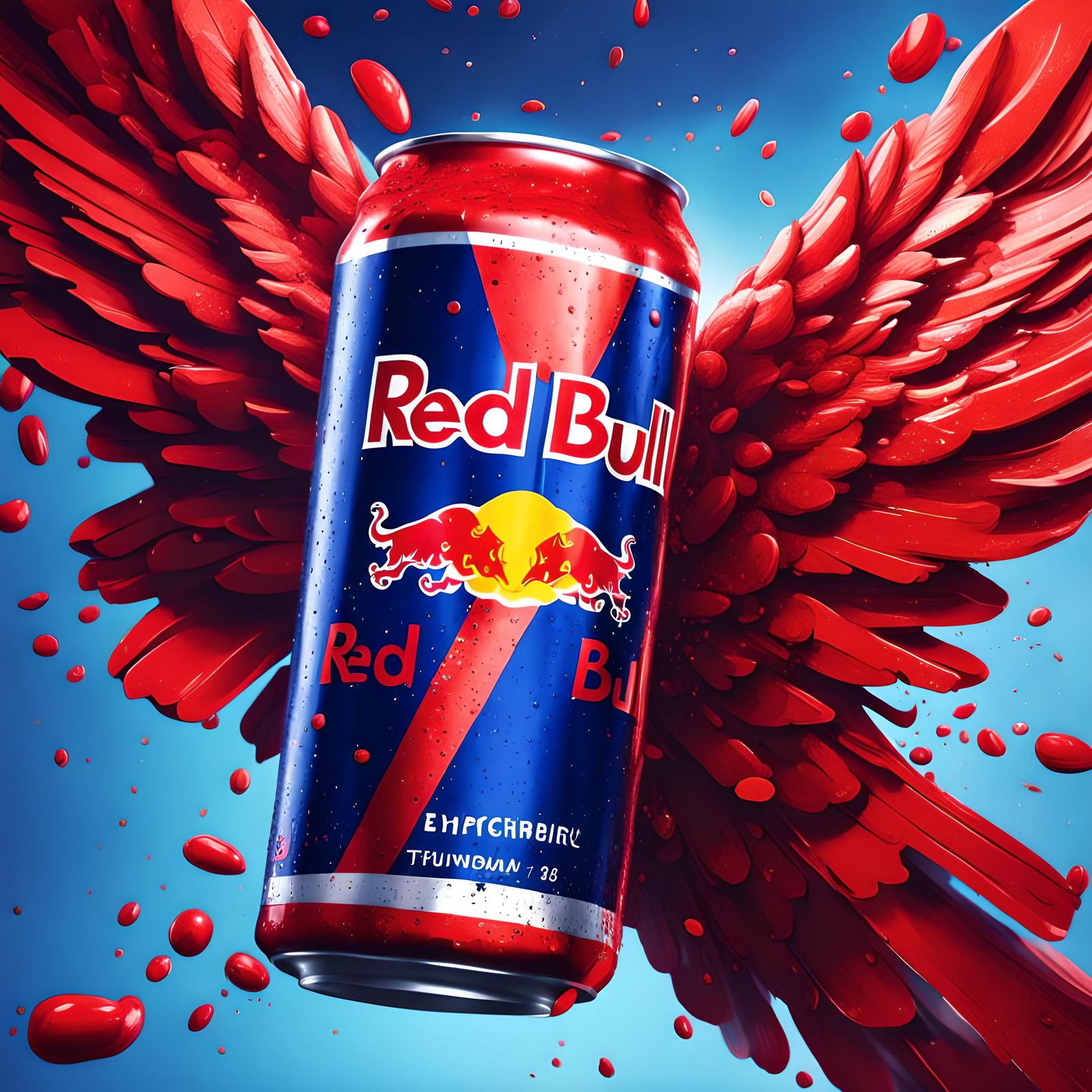 Hyperrealistic Red Bull Can with Wings in Splash Art