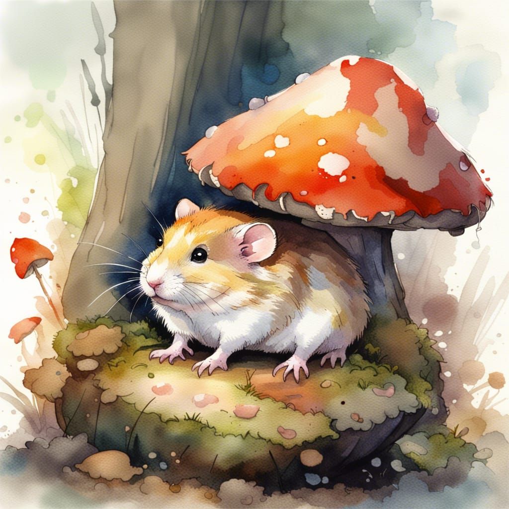 Watercolor Hamster Portrait Under Toadstool