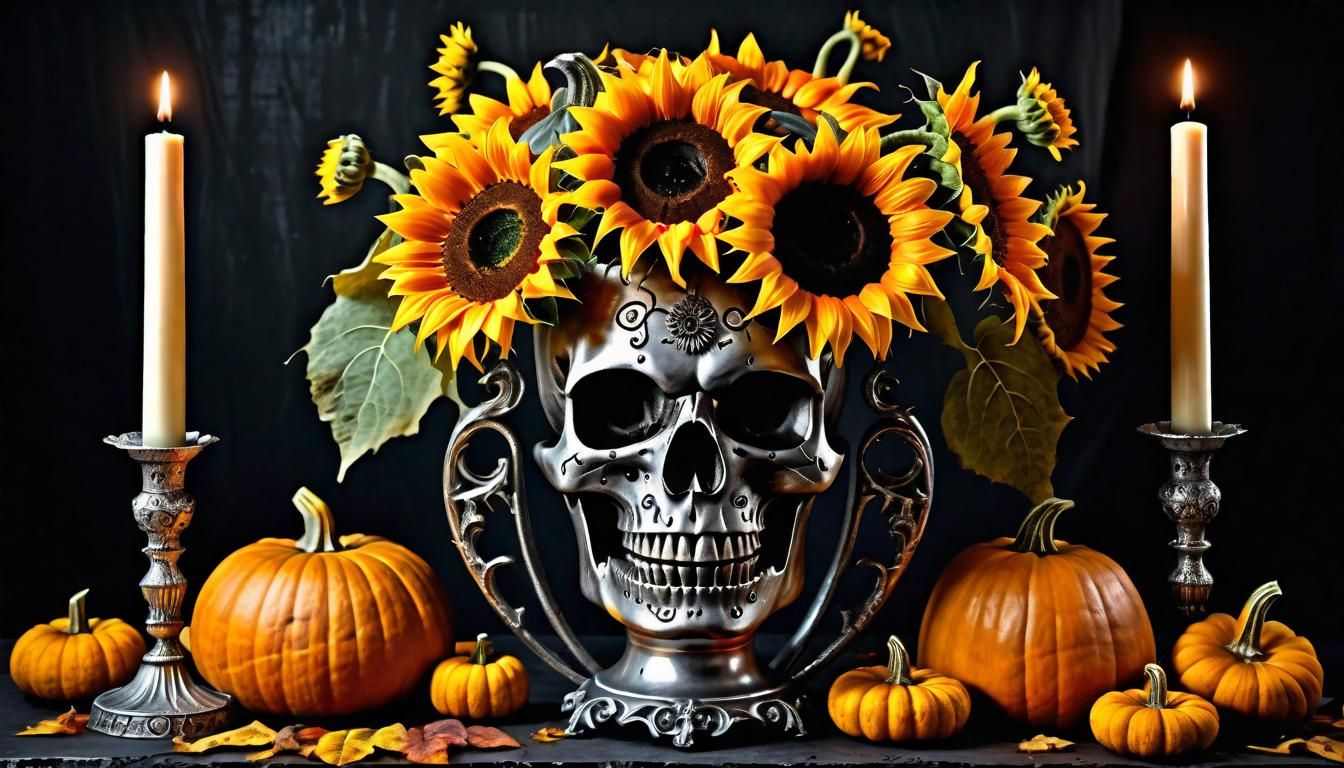 Skull Pumpkin Vase with Sunflower Skulls: Dark Fantasy Art