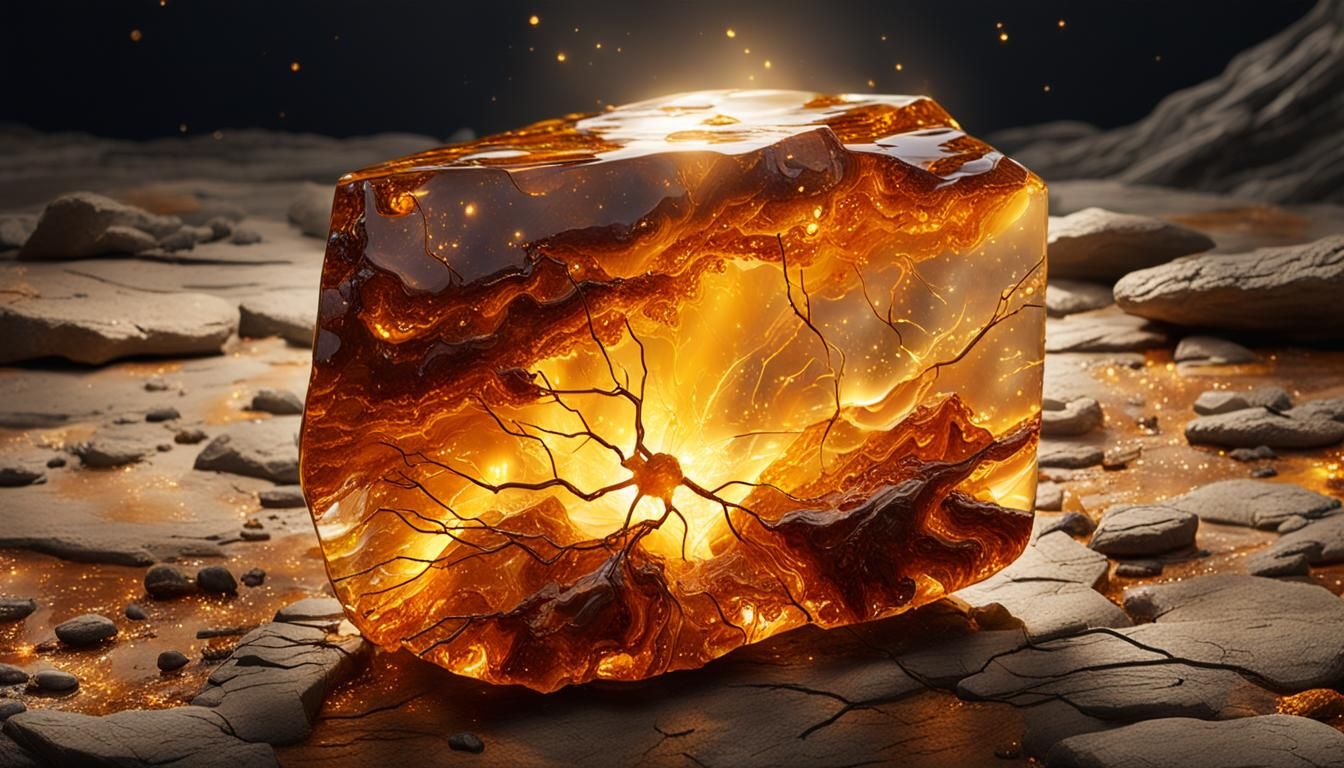 Electrifying Amber Fossil in Hyperrealistic Splash Art