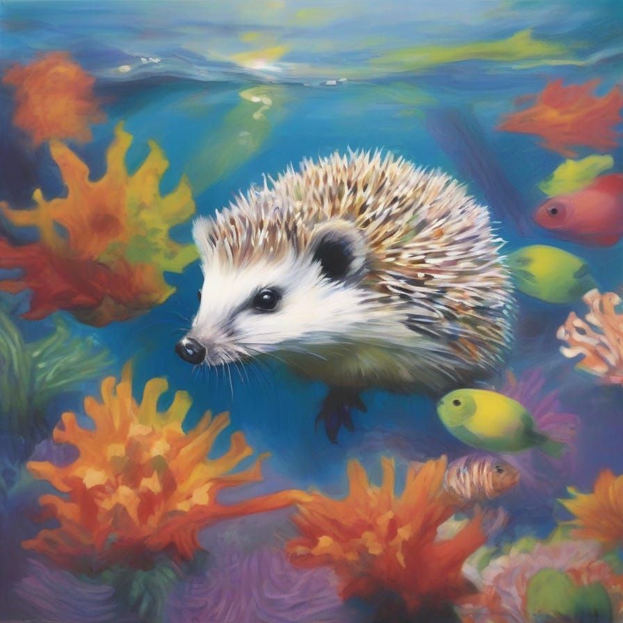 Surreal Underwater Scene of Hedgehog in Iridescent Cape
