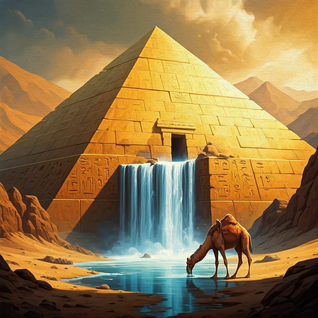 Golden Pyramid Waterfall: Impressionist Desert Landscape