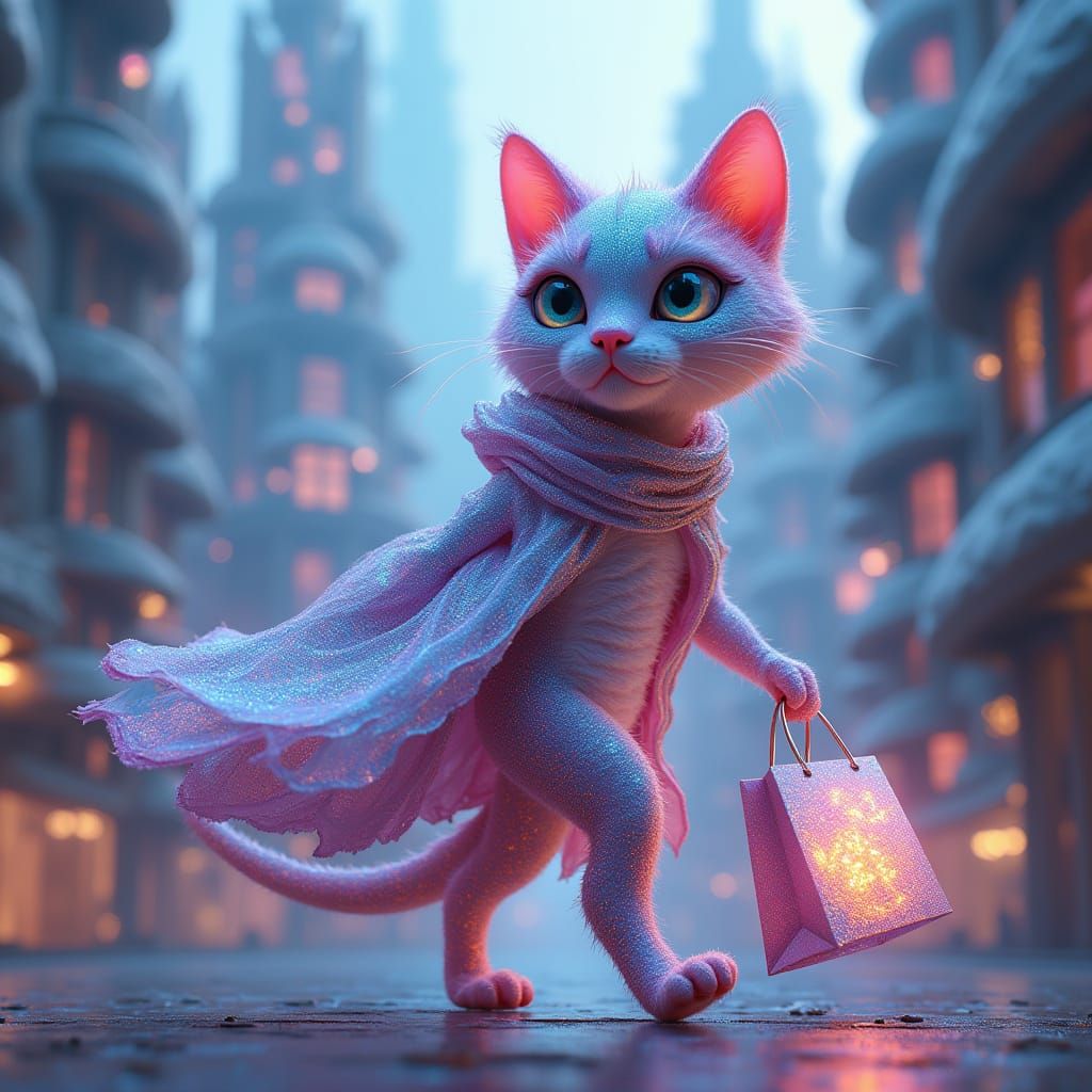 Futuristic Cat-Snake Hybrid Shops in Neon City