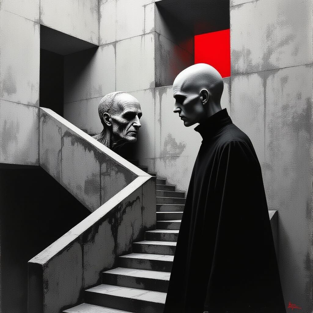 Dual-Faced Figure Navigating Brutalist Maze in Goya Style