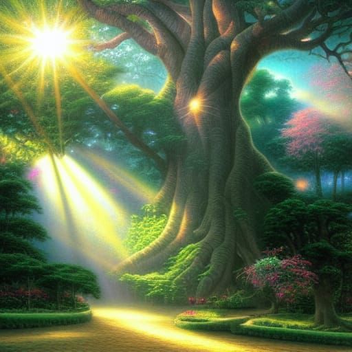 Ethereal Giant Ficus Tree in Sunlight, Kinkade Style