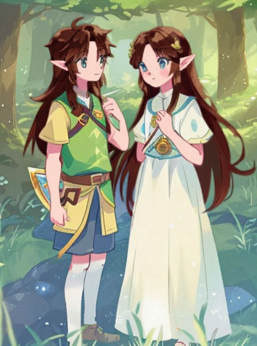 Chibi Link and Zelda in Fantasy Forest