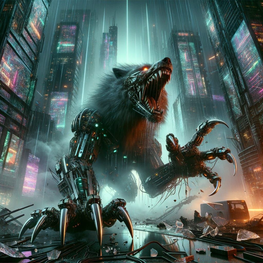 Cyberpunk Mech Beast Attacks Future Metropolis