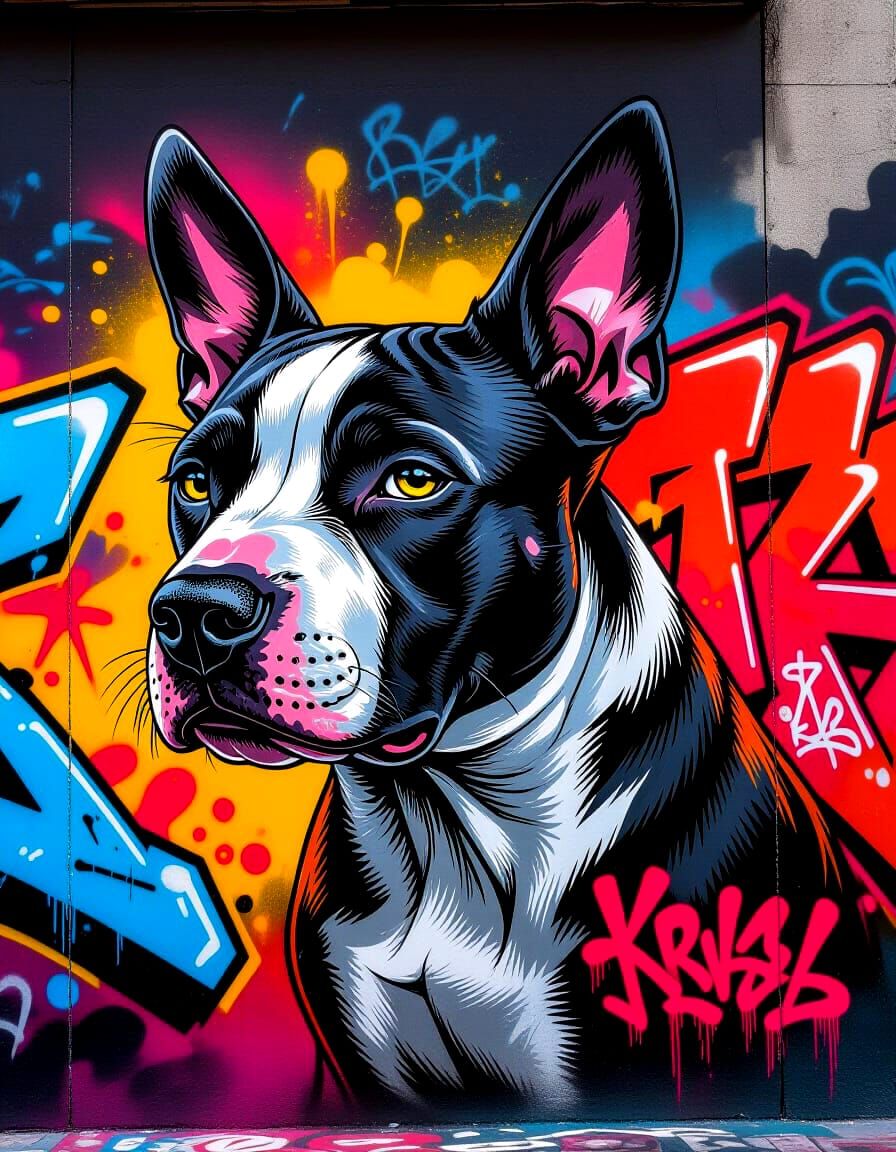 Vibrant Graffiti Bull Terrier Mural in Dynamic Street Style