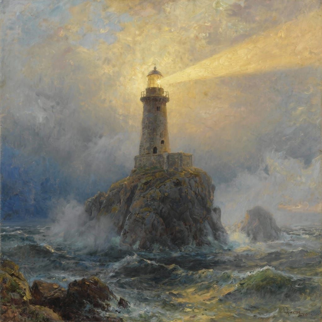 Ancient Lighthouse Beam Cuts Through Foggy Turbulent Sea