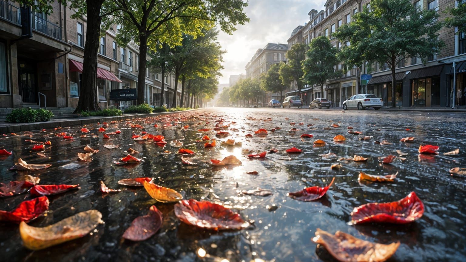 City Street Scene at Dawn, in Photorealistic Style