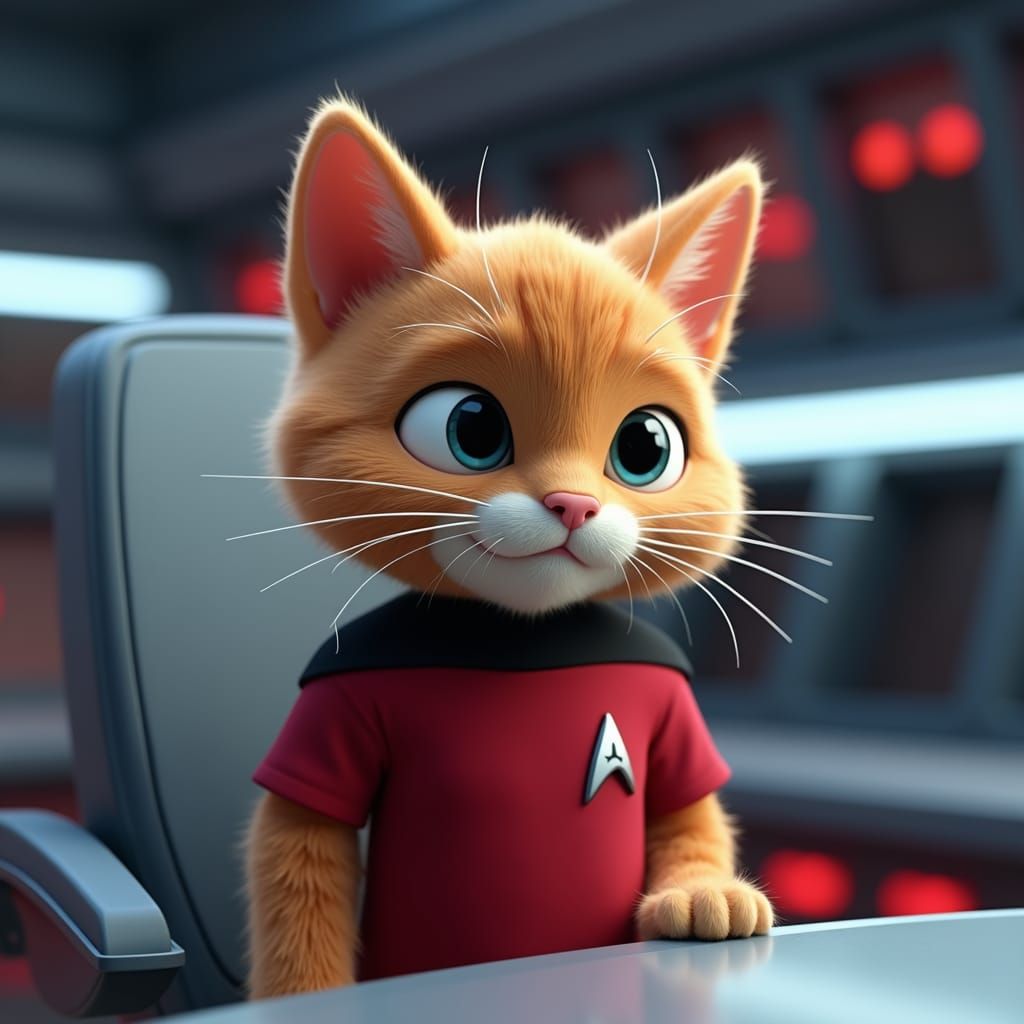 Cartoon Cat as Captain Kirk on Enterprise