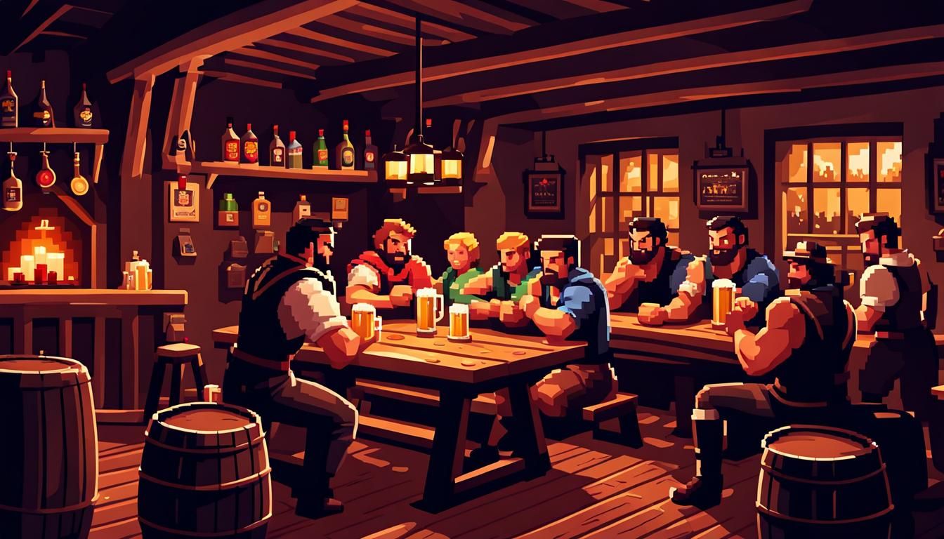 Cozy Pixel Art Tavern Scene with Adventurers