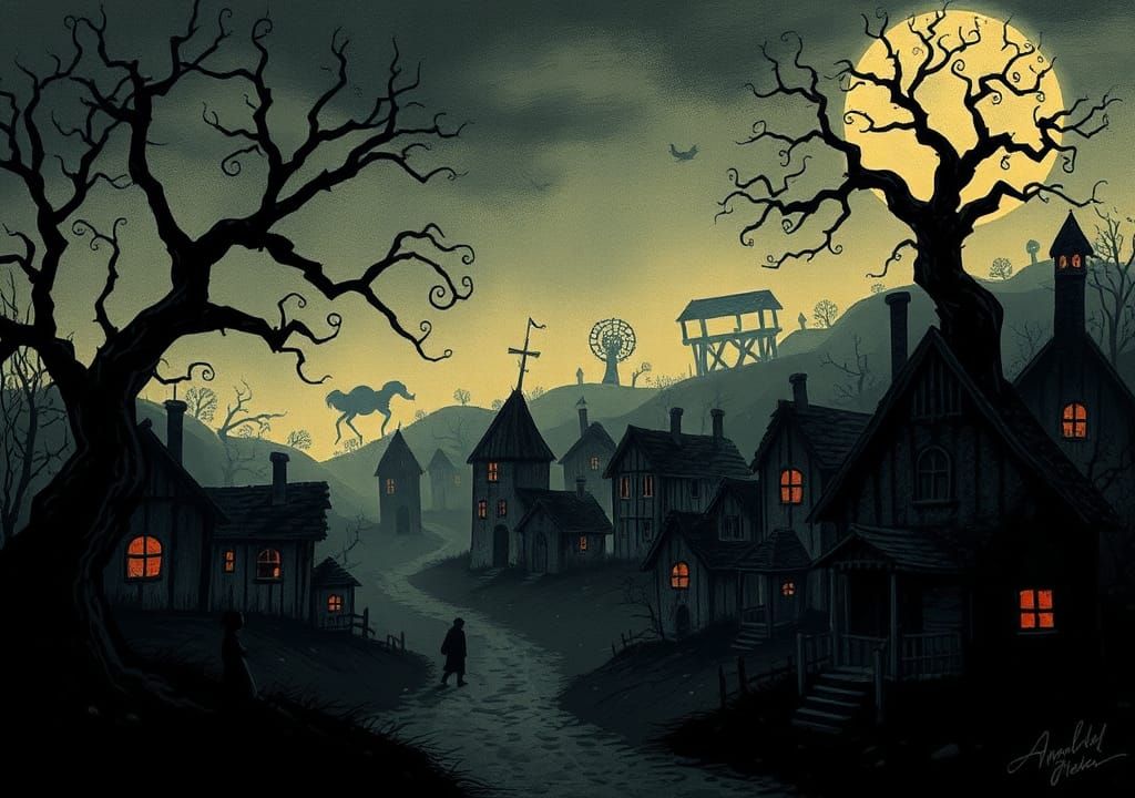 Eerie Halloween Village in Whimsical Hand-Drawn Style