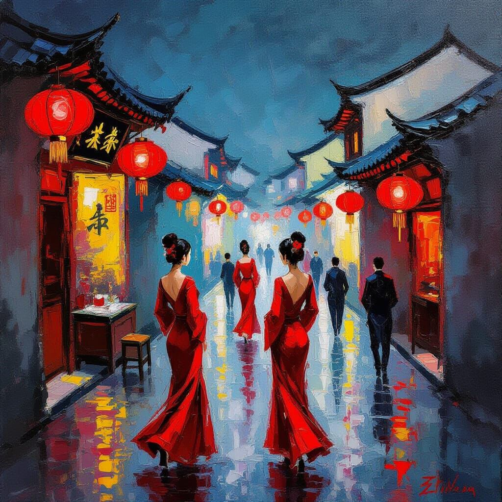 Chinese Women in Red Dresses with Lanterns, Impasto Painting