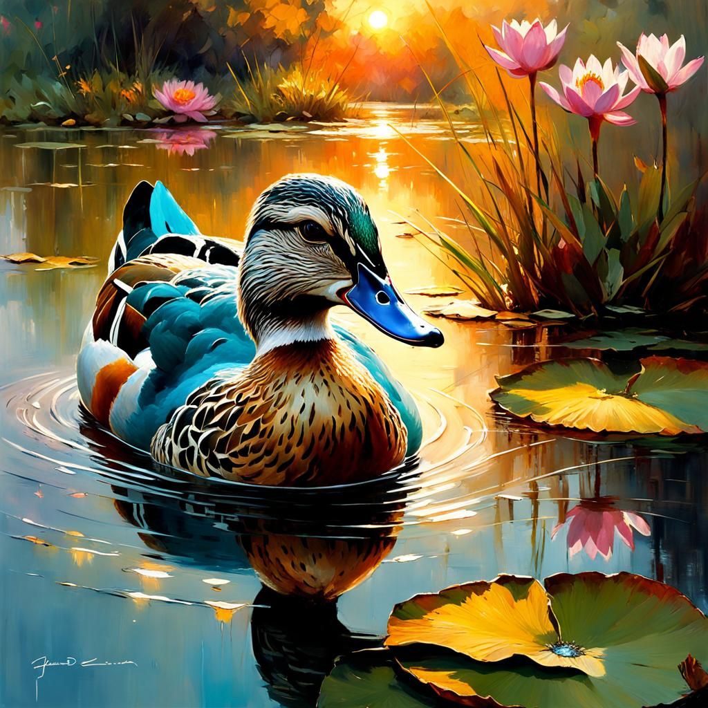 Eurasian Teal Duck Matte Painting at Sunset