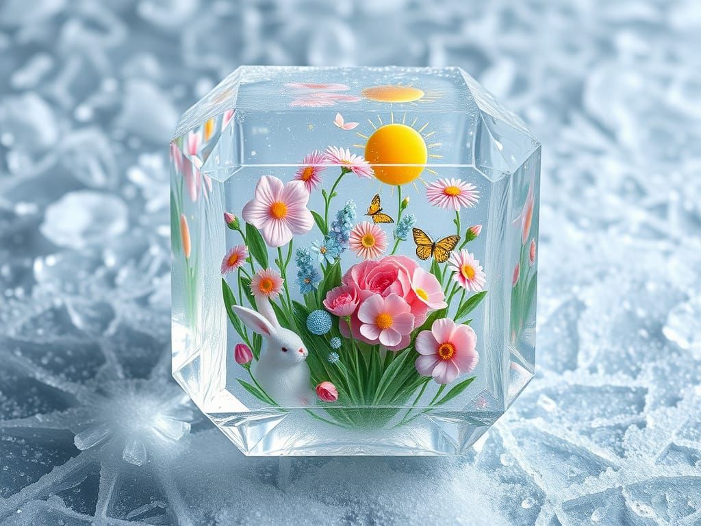 Pastel Springtime Garden in Frosty Ice Crystal