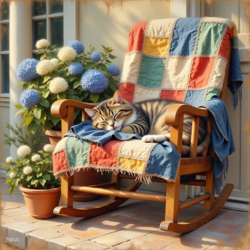 Cat Sleeping Peacefully in Rocking Chair, Impressionist Pain...