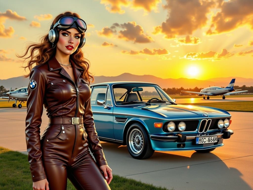 Alluring Pin-Up Pilot with Vintage BMW