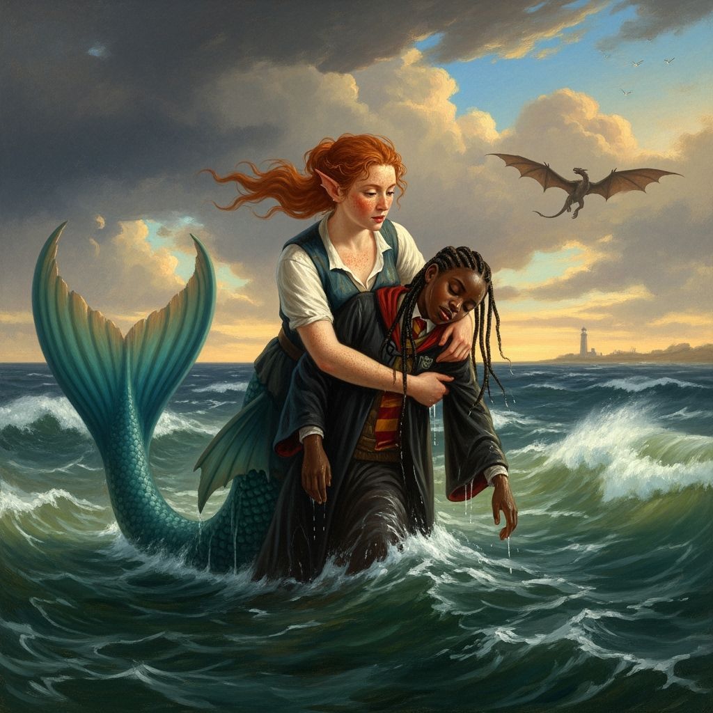 Mermaid Rescues Wizard in Constable Style Oil Painting