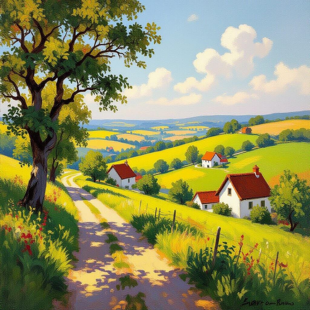 Peaceful Sunday Landscape Painting in Impressionist Style