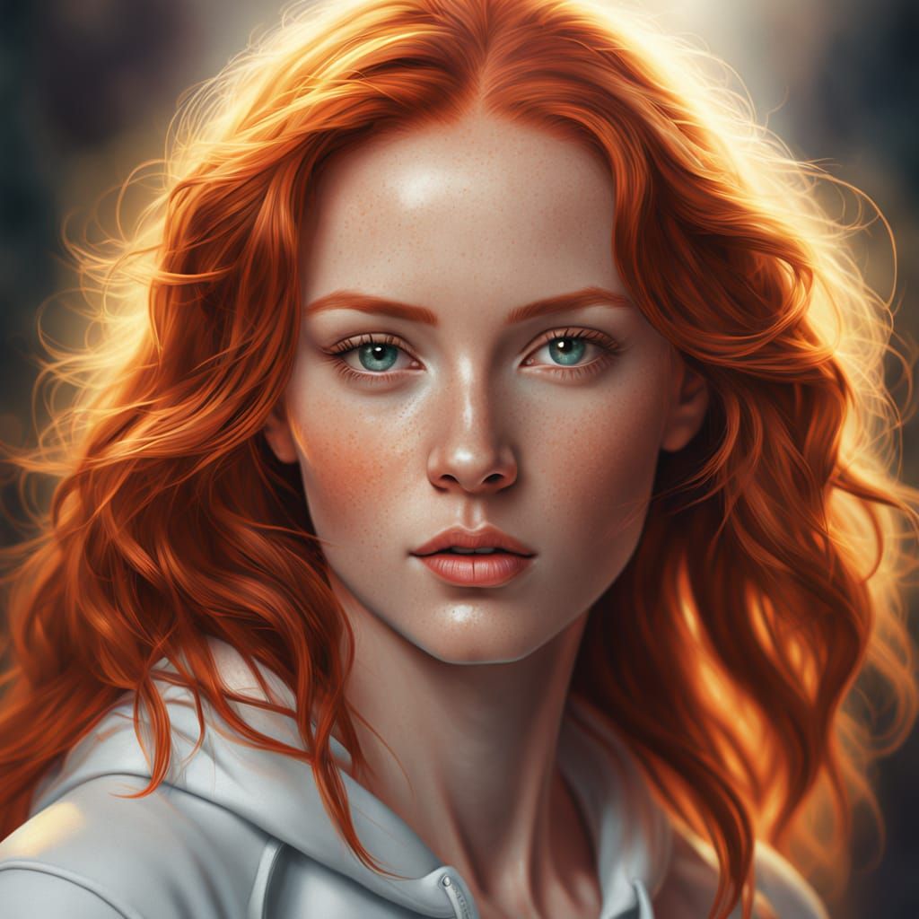 Beautiful Red-Haired Woman in Soft Focus Light, Photorealist...