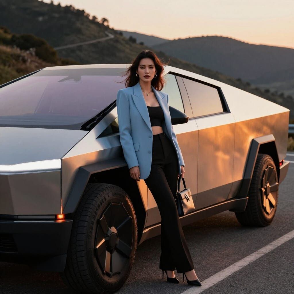 Stylish Woman Poses With Cybertruck at Golden Hour Sunset