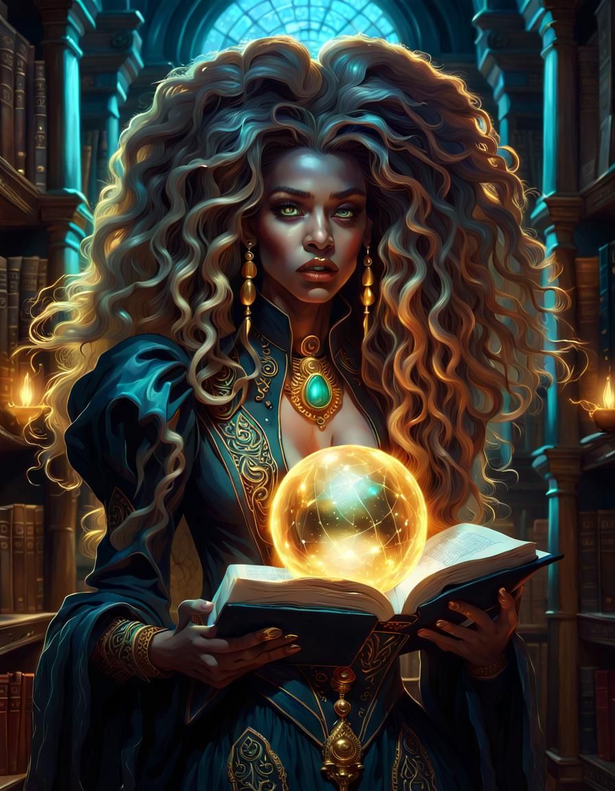 Fantasy Witch with Bioluminescent Sphere and Spellbook