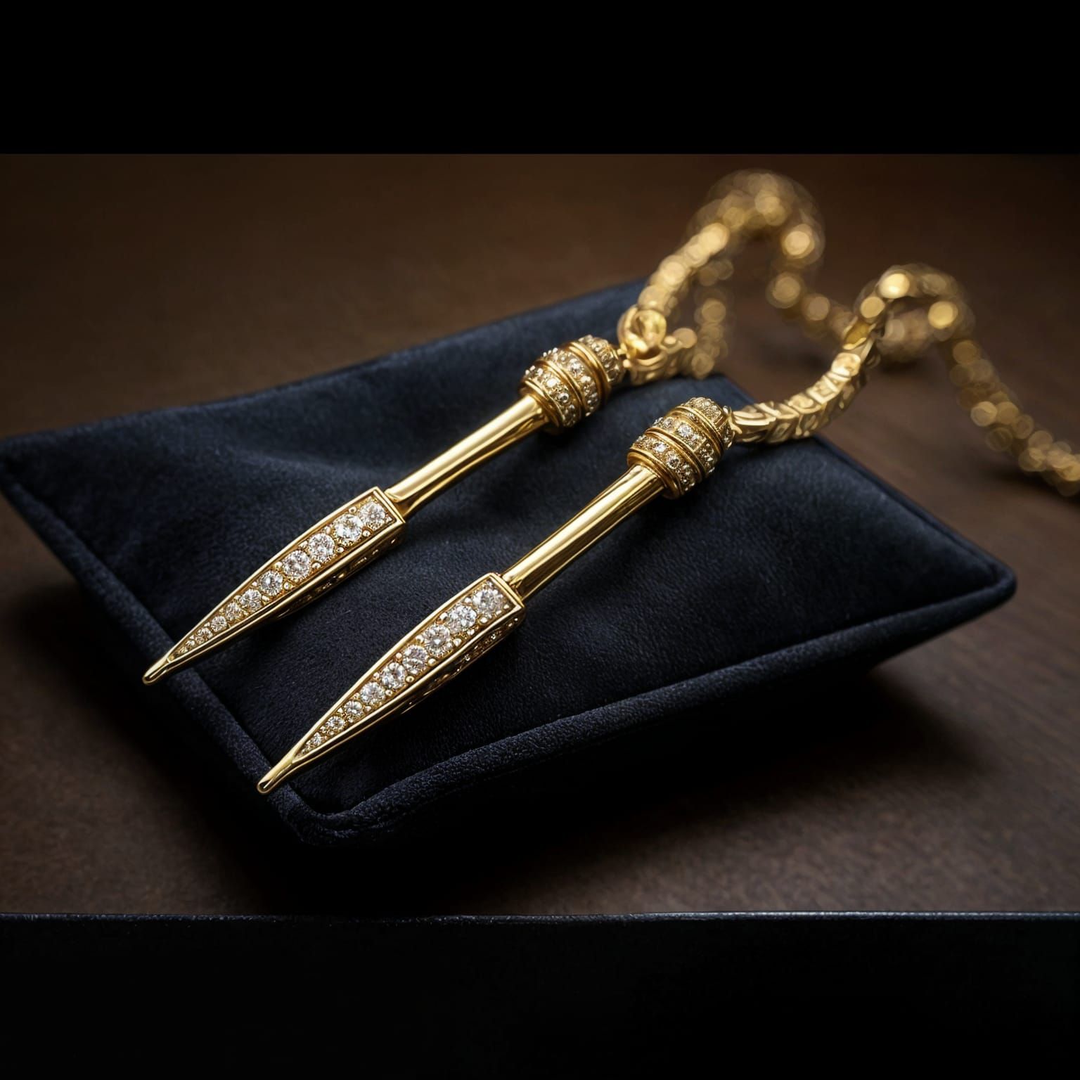 Solid Gold Nunchaku with Diamond Tips on Velvet